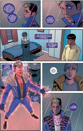 Inanna recounts the encounter that granted him godhood, in issue #6.